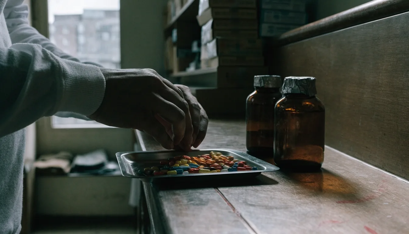 A pharmacist's hands sorting loose capsule samples onto a tray on a clinic counter in overcast side light