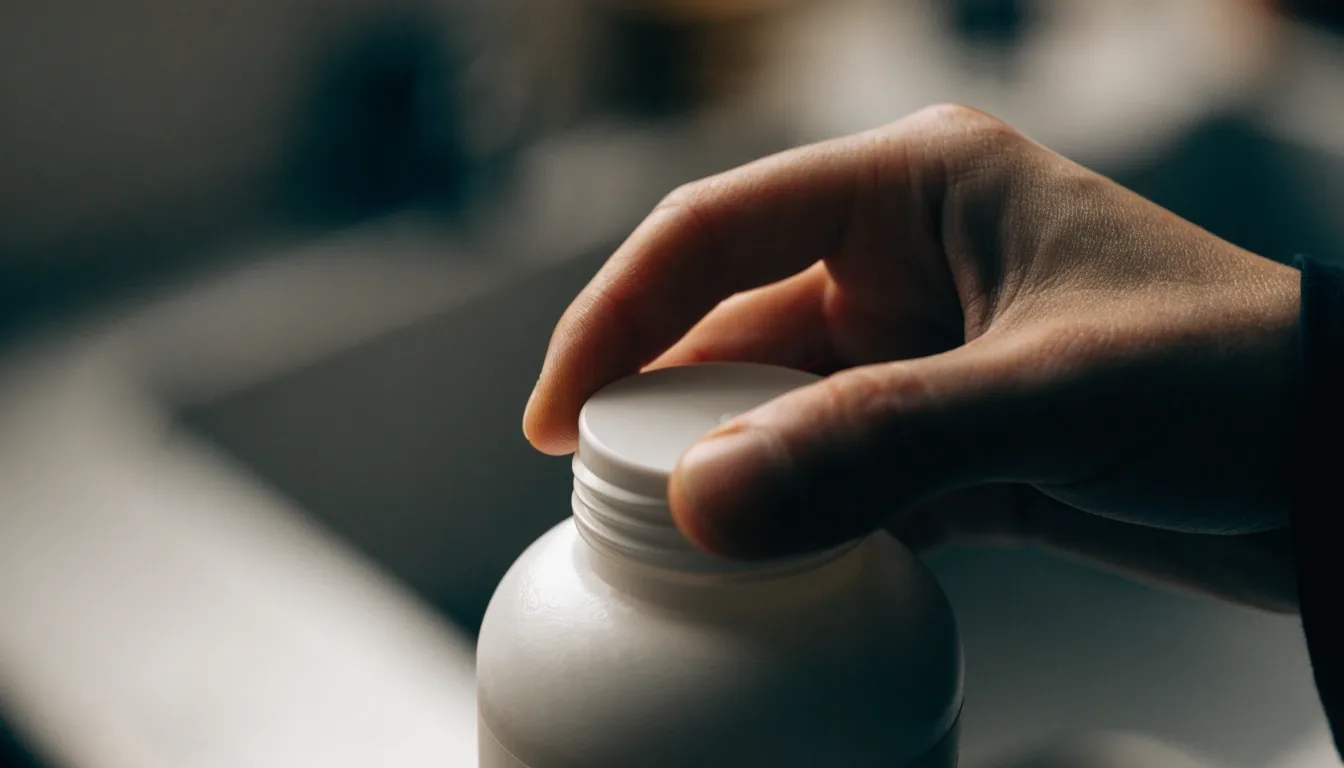 A close crop of a thumb and forefinger unscrewing the matte cap of a plain supplement bottle over a blurred counter