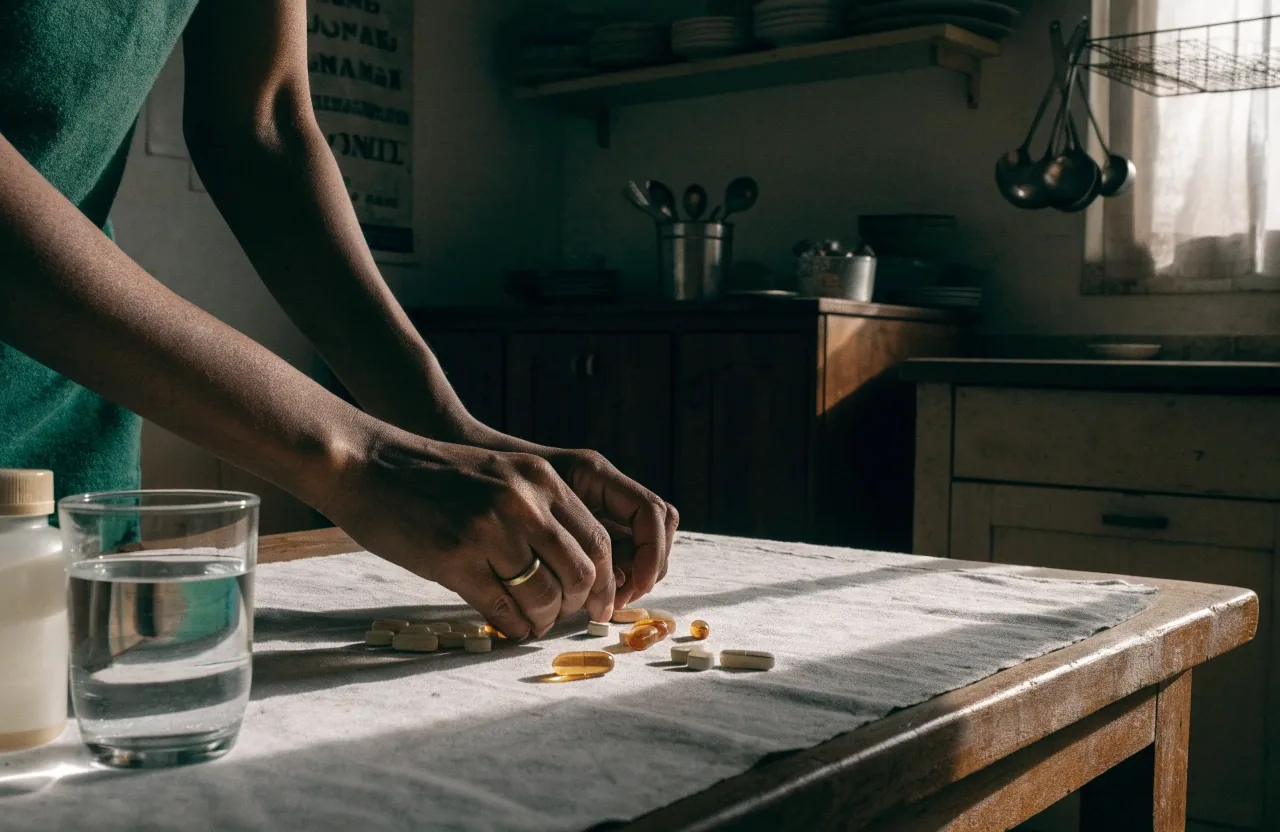 A man's hands sorting a daily dose of capsules from a plain tray beside a glass of water on a kitchen table