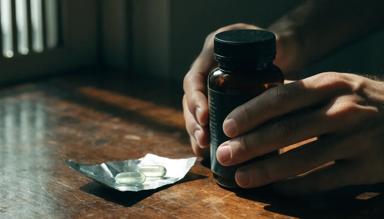 A man's hands turning a supplement bottle on a worn wooden worktop in side light