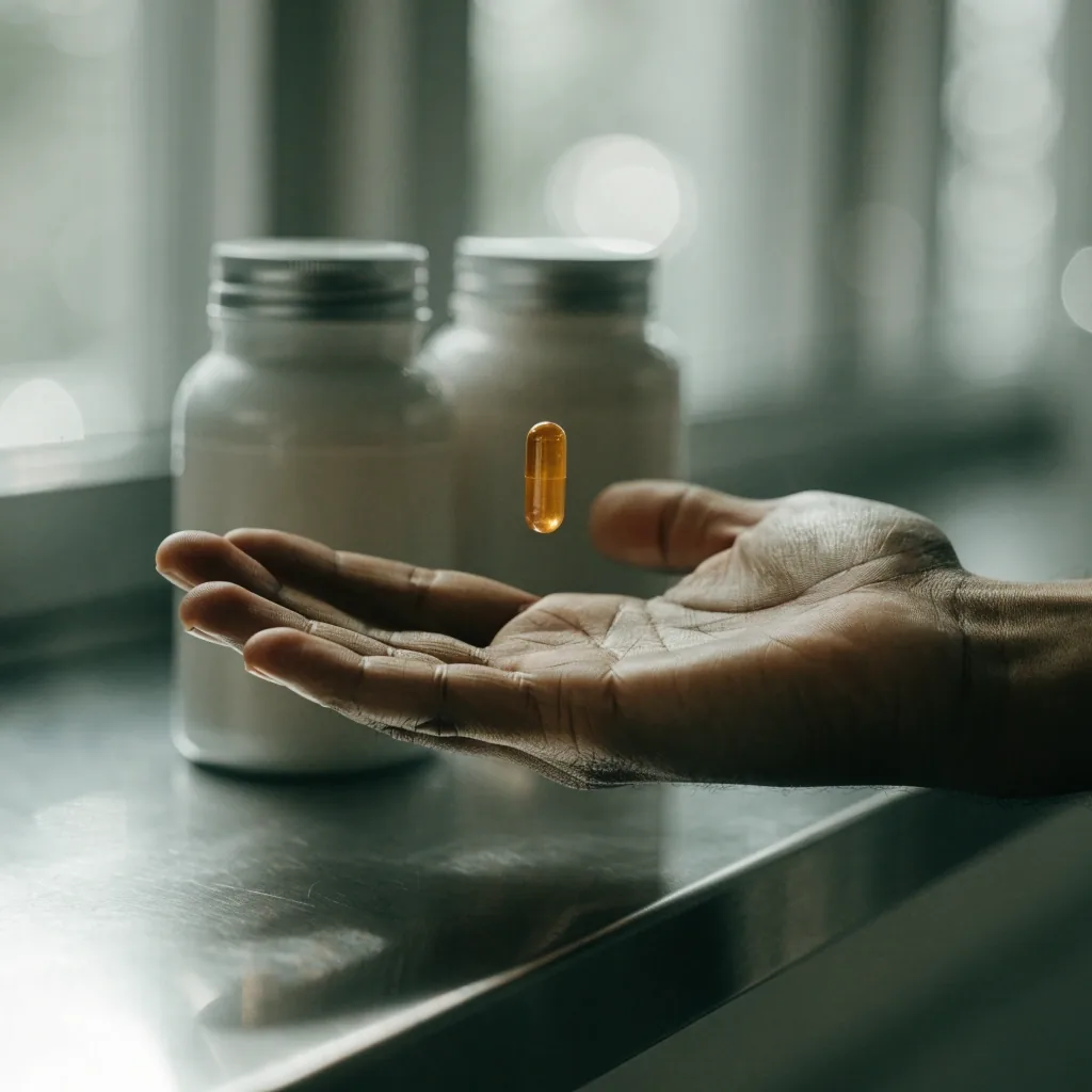 A hand holding a capsule beside two differently shaped supplement bottles on a steel counter