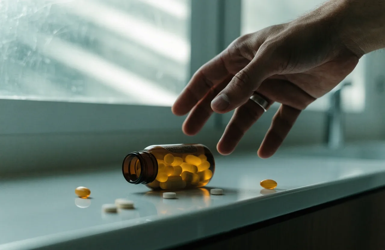 An open supplement bottle and two capsules on a worktop under low side light.