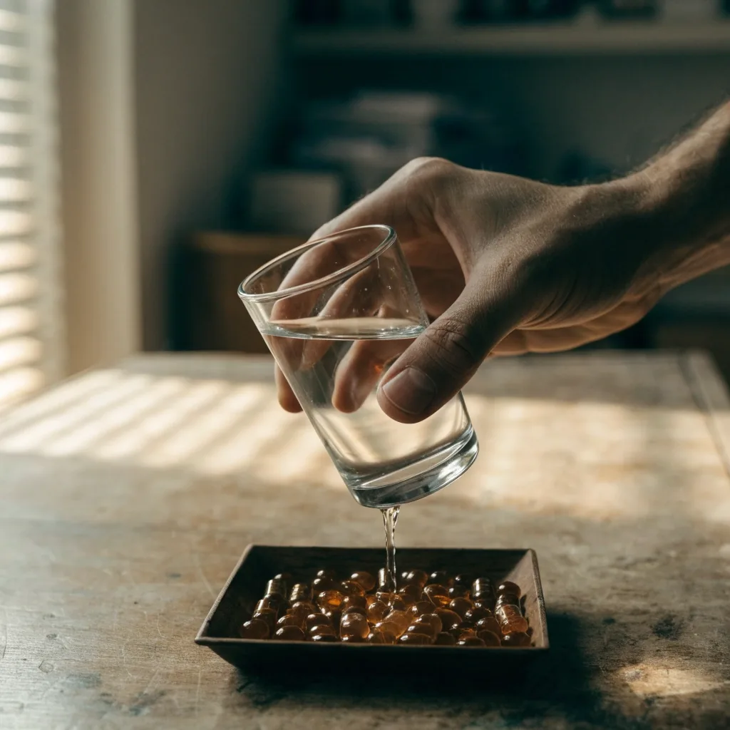 A hand tilting a glass of water beside a small tray of amber capsules on a wooden worktop