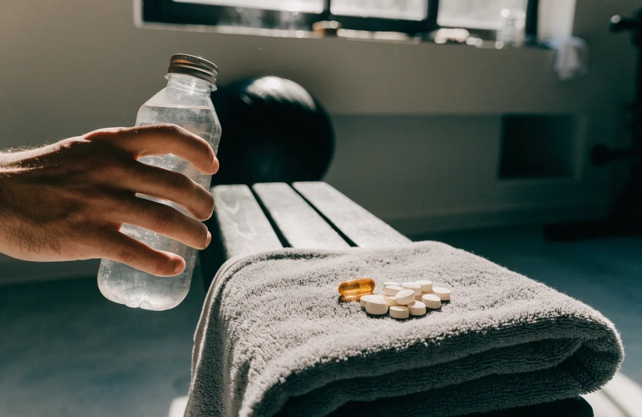 A man's hand setting a tablet beside a glass of water on a steel kitchen counter in early morning light