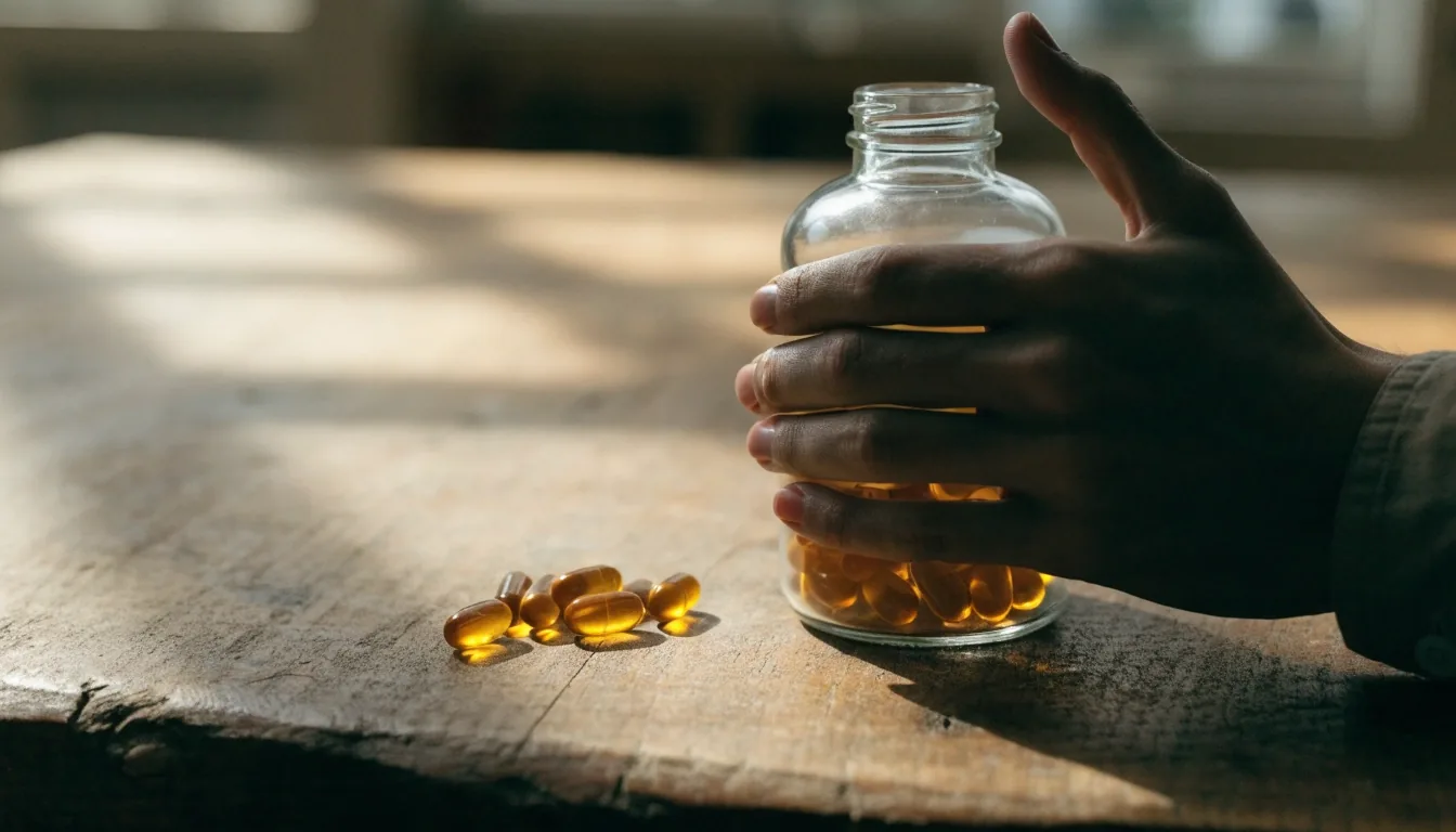 A hand setting two capsules beside a matte supplement tray on a worn wooden worktop under slatted side light