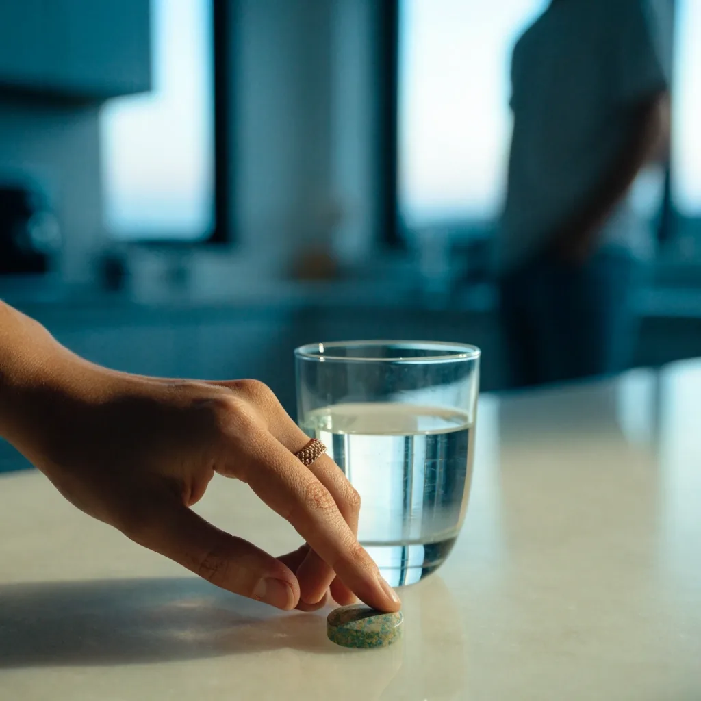 A glass of water and a single tablet on a stainless steel kitchen counter in blue-grey morning light with a blurred figure behind