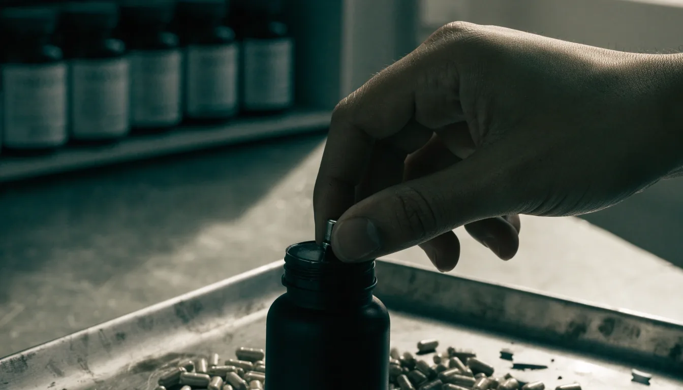A hand turning the matte cap of an unbranded supplement bottle on a counter