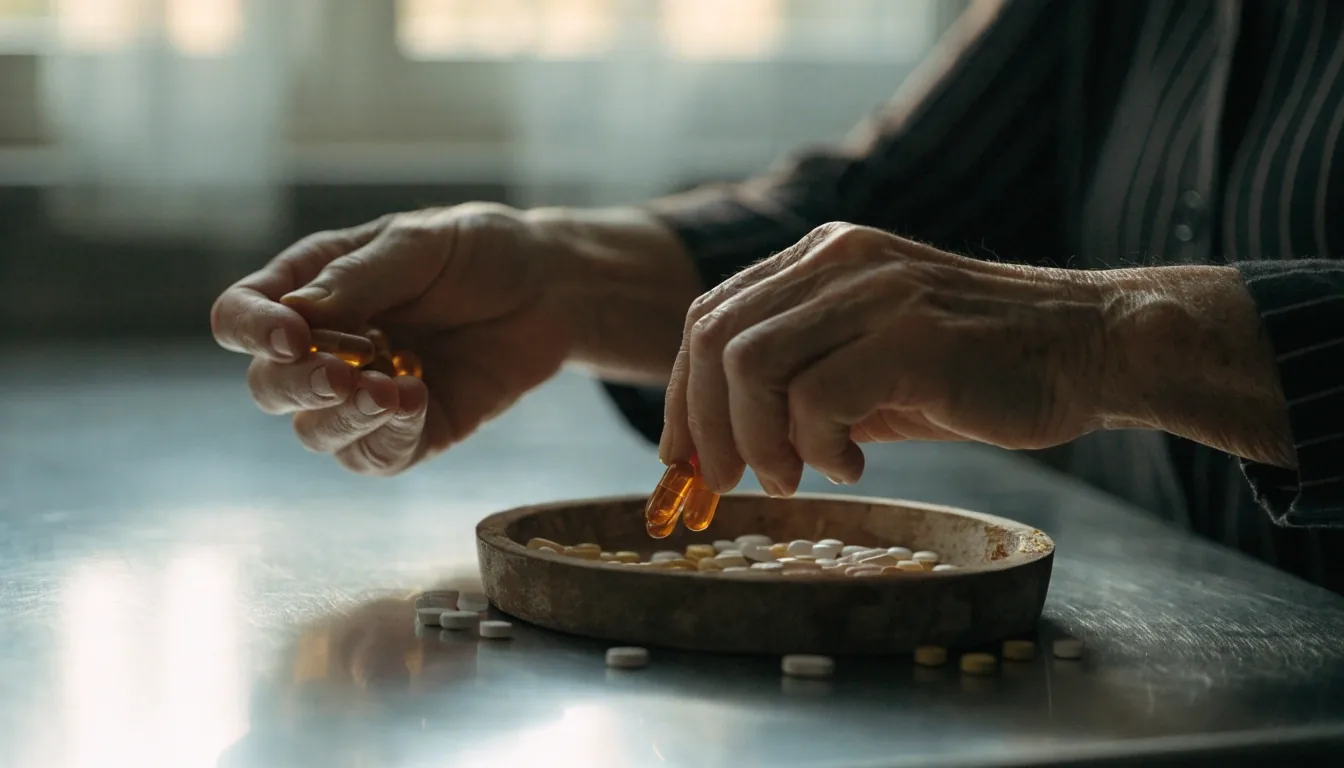 A supplement bottle and capsules arranged beside a matte ceramic dish on a worn wooden worktop in side light