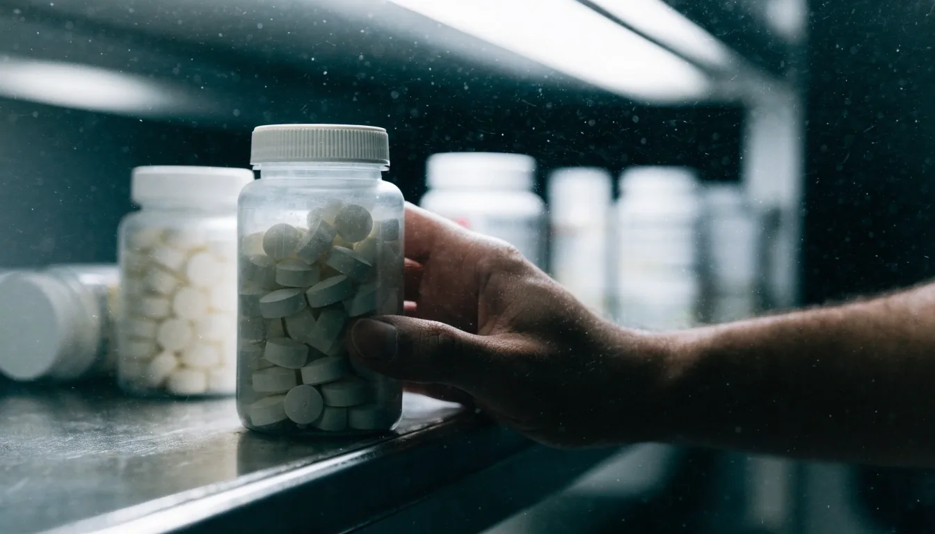A softly focused row of unbranded supplement bottles on a shelf in a dim pharmacy back room
