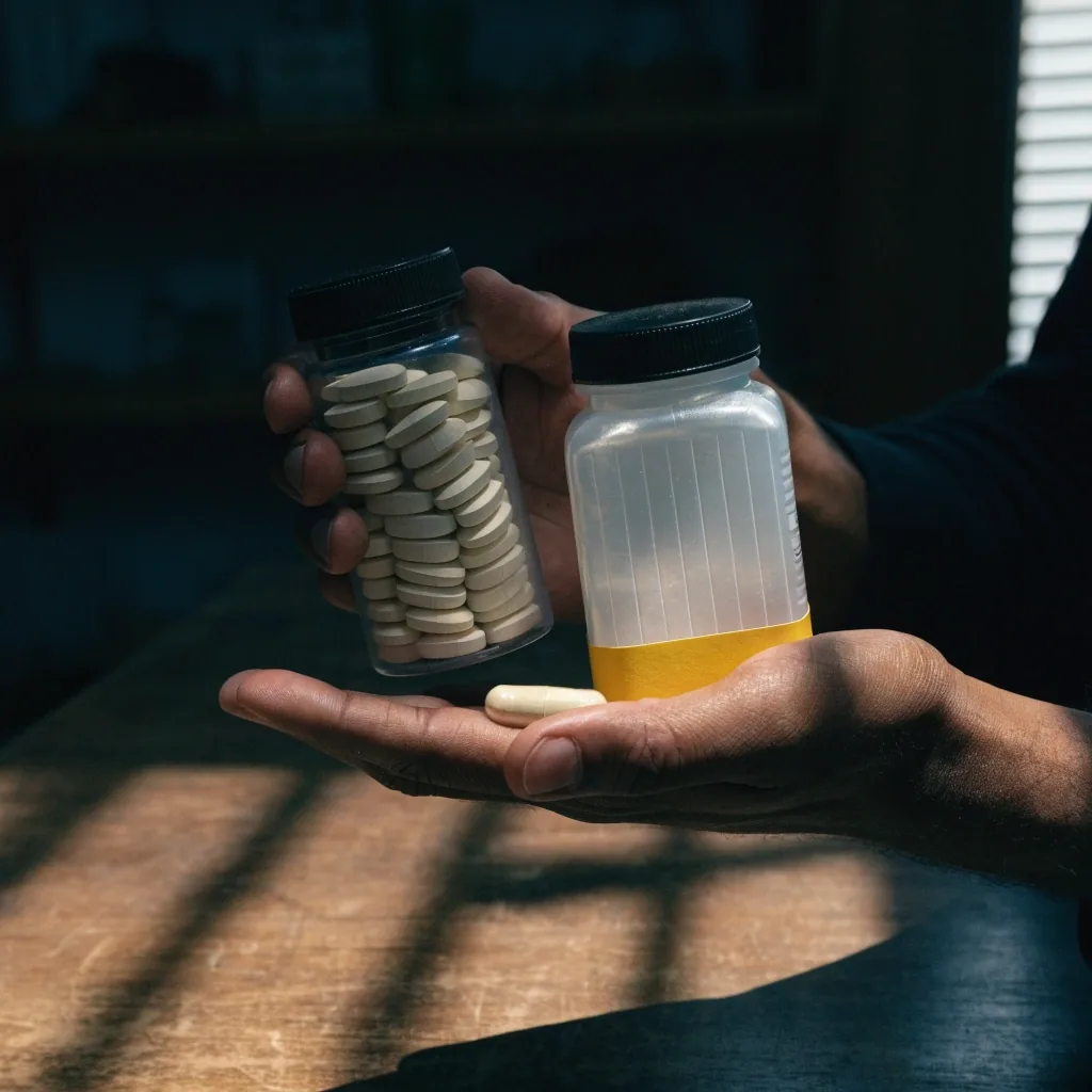 Two men's vitamin bottles held side by side over a worn worktop in low side light