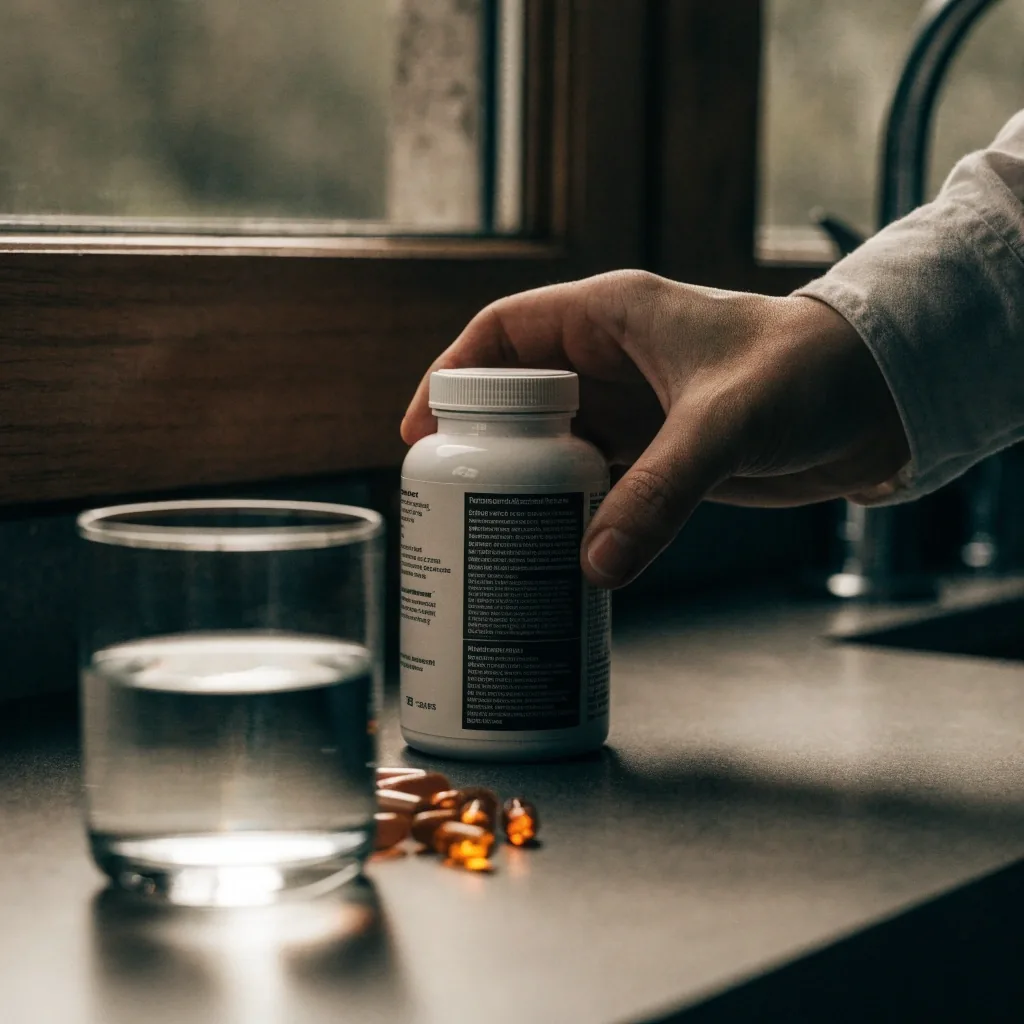 A hand turning a supplement bottle under overcast kitchen window light to inspect its ingredient panel